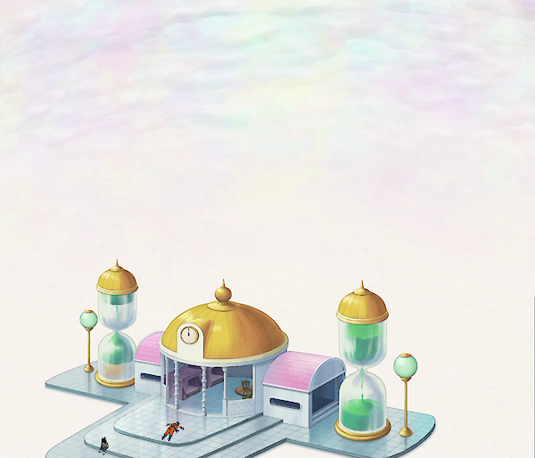 A graphic of a pavillion with a gold roof and two giant egg timers at either side.  A character lies prostrate on the steps in front of the building.