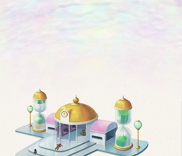 A graphic of a pavillion with a gold roof and two giant egg timers at either side. A character lies prostrate on the steps in front of the building.
