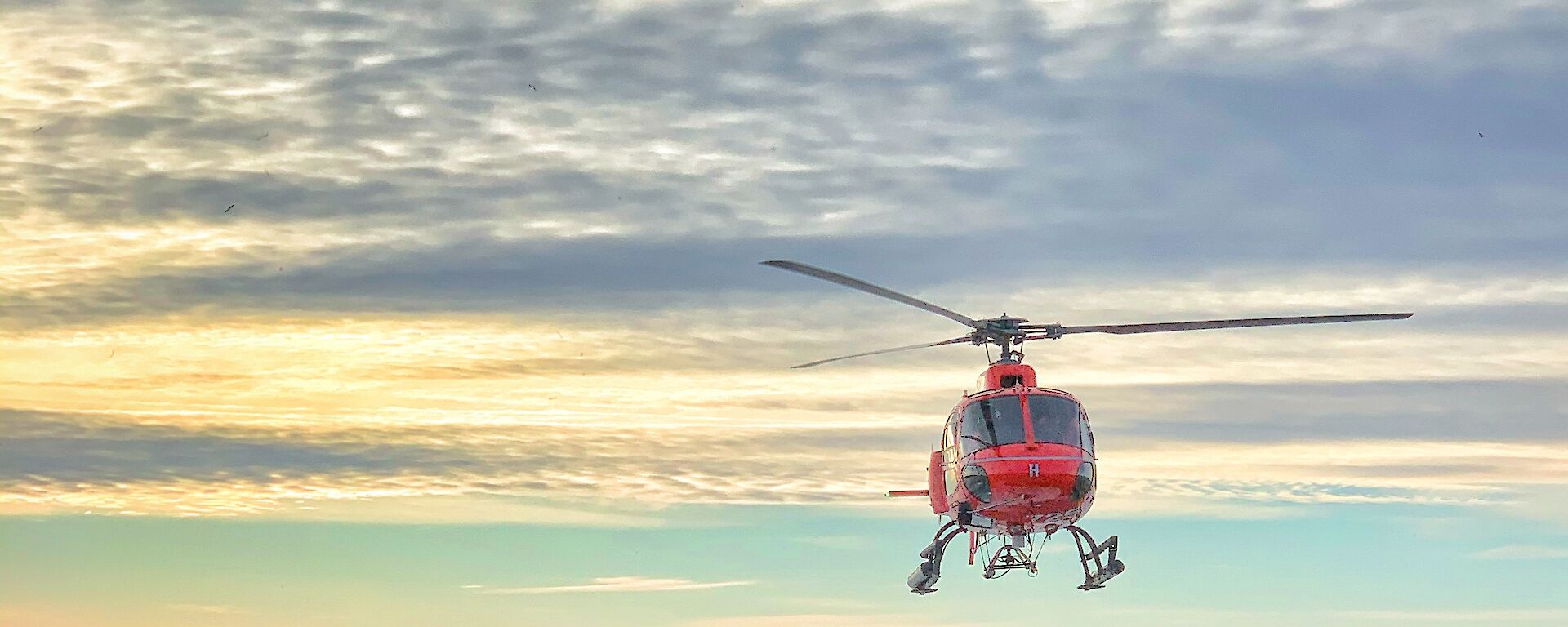 A red helicopter coming in to land on a patch of land with snow