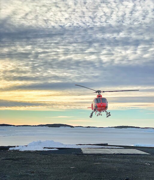 A red helicopter coming in to land on a patch of land with snow