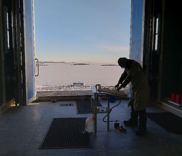 A man stands in a hut prepares a weather balloon for inflation at a small table. Large doors are open and the Antarctic landscape can be seen behind the man.