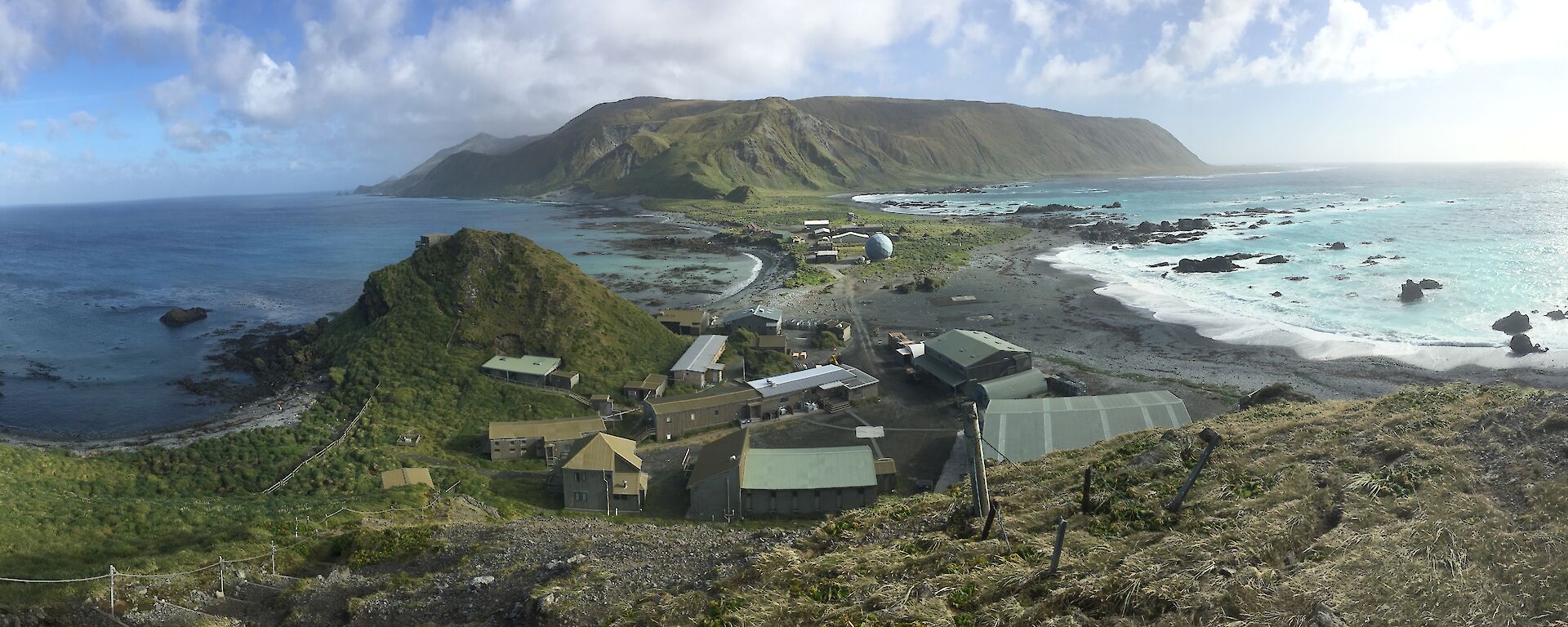 Panoramic view above Macquarie Island research station