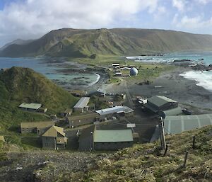 Panoramic view above Macquarie Island research station