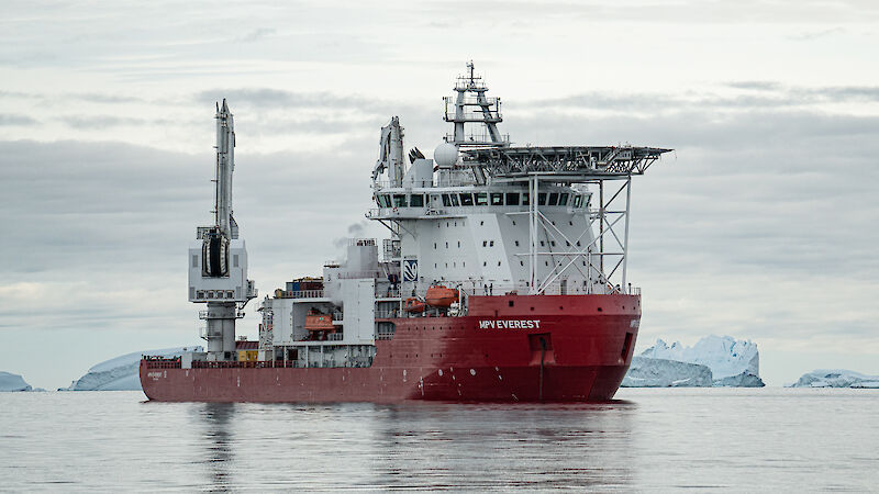 MPV Everest on the Southern Ocean with icebergs in the background
