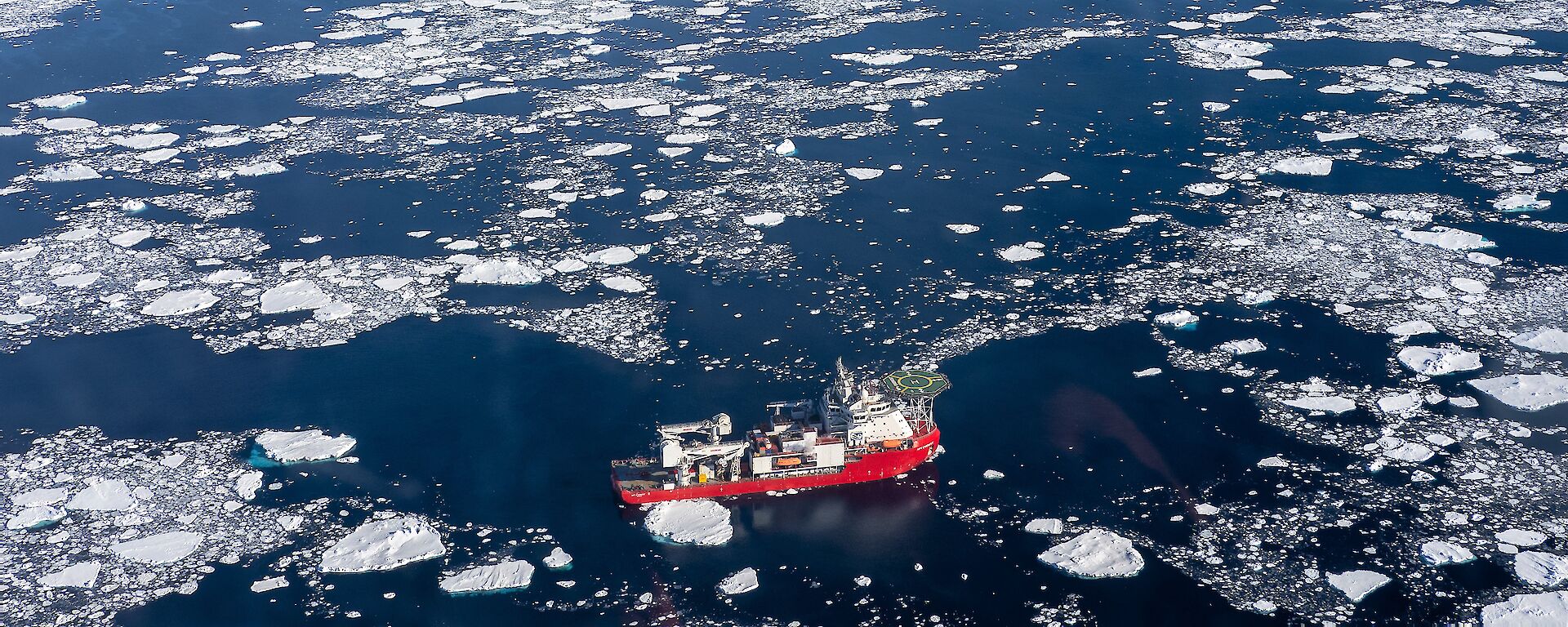 Aerial view of the MPV Everest in the sea ice in the Southern Ocean