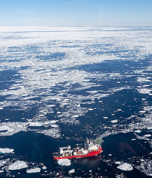 Aerial view of the MPV Everest in the sea ice in the Southern Ocean