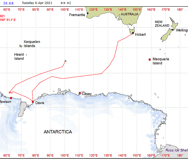 Map showing voyage track