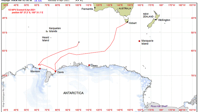 Map showing voyage track