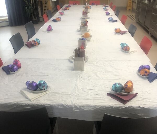 Table set for 18 expeditioners with Easter eggs