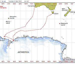 A map showing the position of the MPV Everest on 13 April 2021, positioned between Antarctica and the Australian mainland