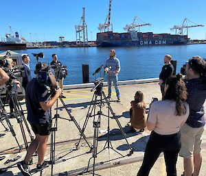 press conference at port