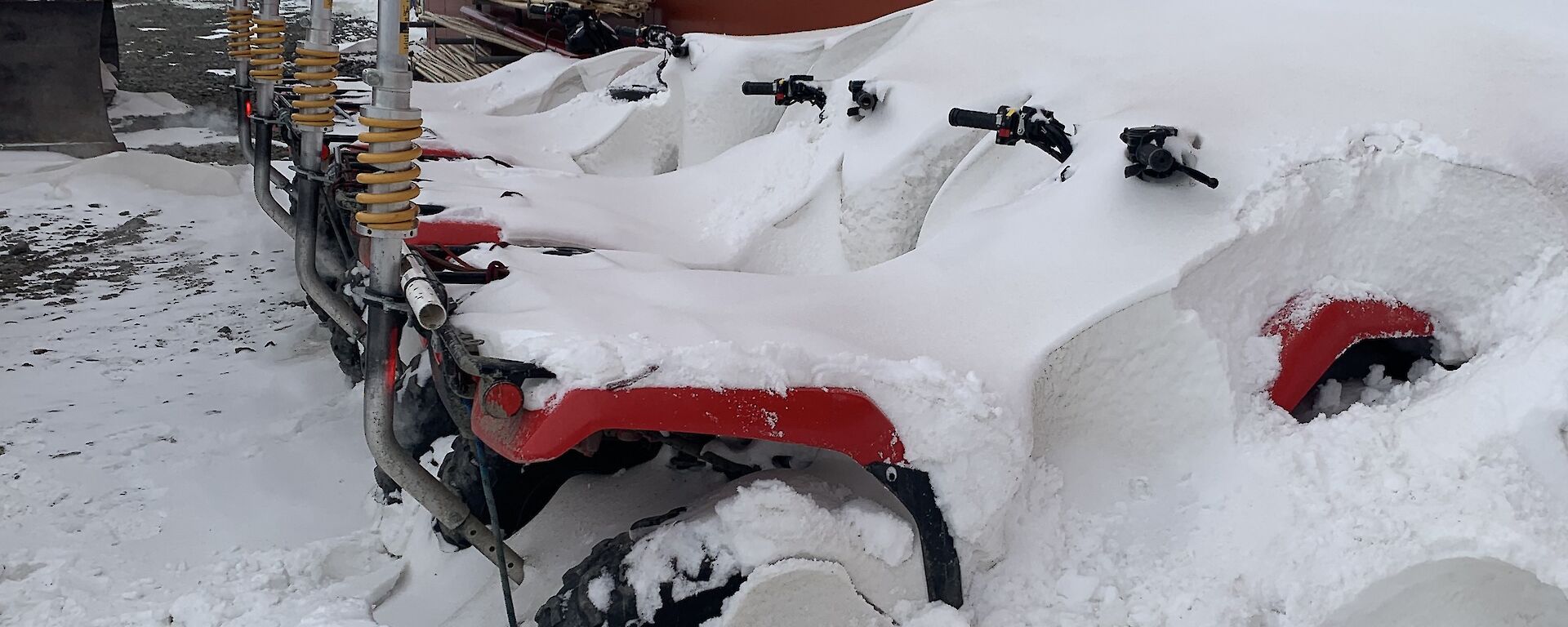A row of quad bikes covered in snow