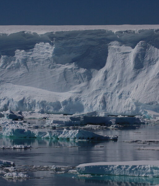 The front of an ice shelf with small bergy bits floating in the ocean in front.