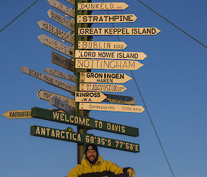 A man sits in front of the Davis sign pole and welcome sign and Lord Howe Island flag