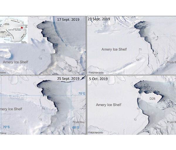 Four satellite images showing Amery Ice Shelf