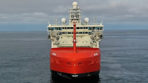 Bow view of Nuyina at sea.