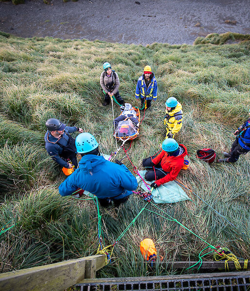 A group of brightly dressed expedtioners on a tussock covered hill all joined together by ropes