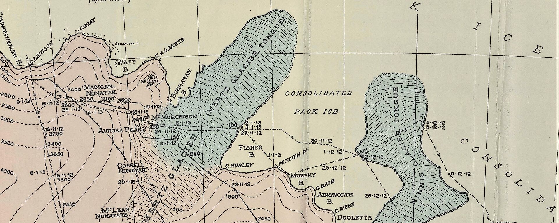An old map showing a surveyed section of the Antarctic coast.