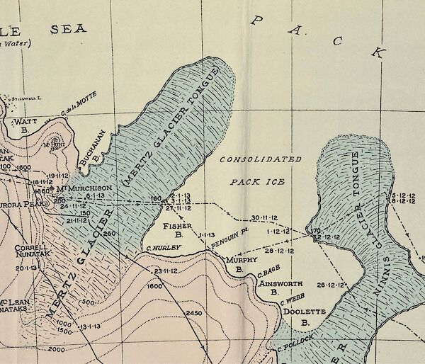 An old map showing a surveyed section of the Antarctic coast.