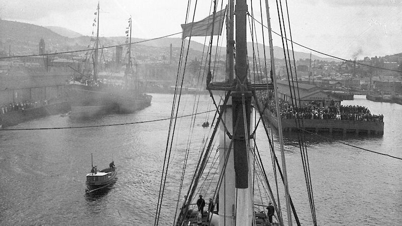 Black and white image from mast of sailing ship in Hobart port