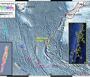 A satellite image of the southern ocean with the locations of the seismometers highlighted and other technical markings