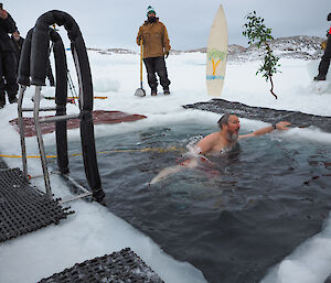 A man swims to the edge of a small pool of icy water cut in to sea ice