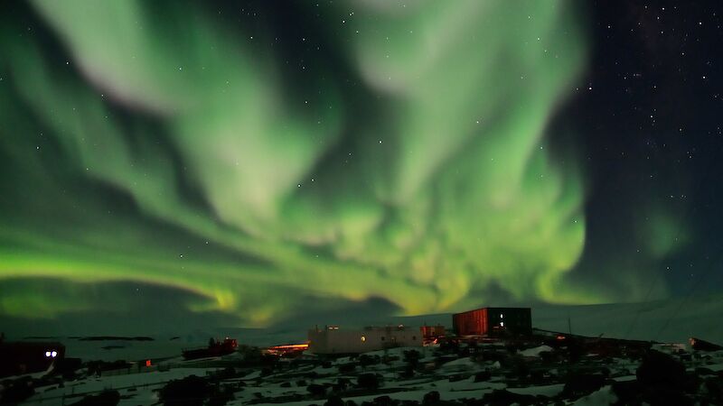 The southern lights over Mawson station.
