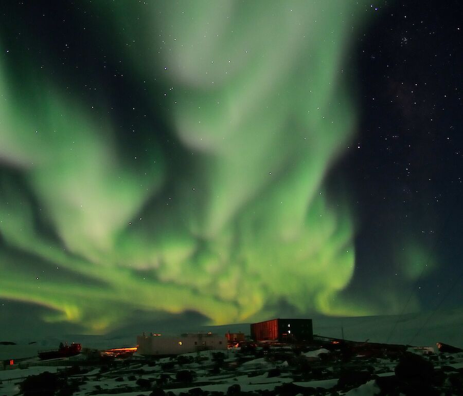 The southern lights over Mawson station.