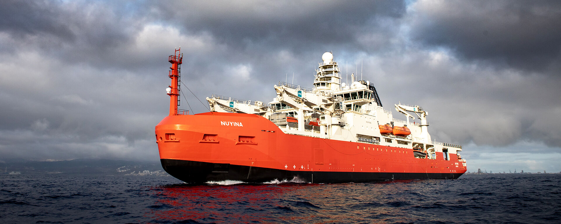 Drone view of Nuyina in the Atlantic Ocean.