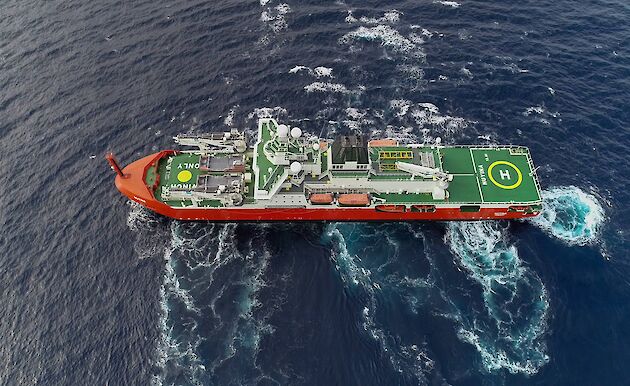 Aerial view of Nuyina in the ocean.