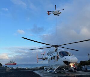 One white helicopter on the ground, one in the air, with the Nuyina at sea behind them