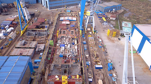Lower level of Nuyina under construction in a dry dock.