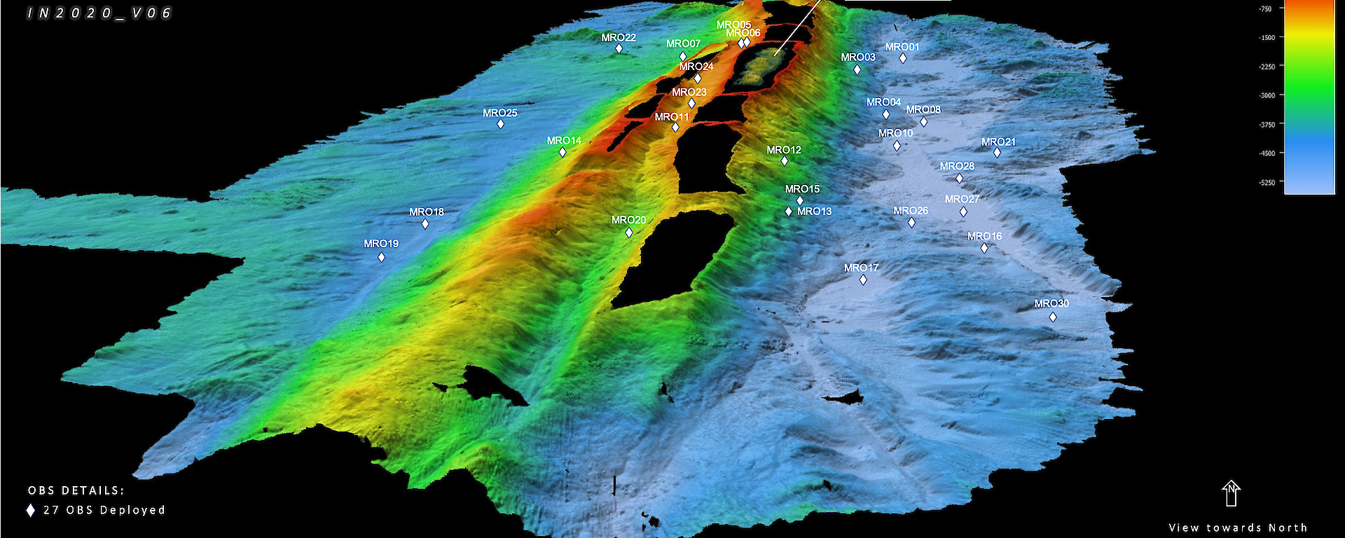 A graphic showing the location of the ocean bottom seismometers deployed at different depths on the Macquarie Ridge Complex, surrounding Macquarie Island.