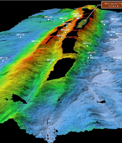A graphic showing the location of the ocean bottom seismometers deployed at different depths on the Macquarie Ridge Complex, surrounding Macquarie Island.