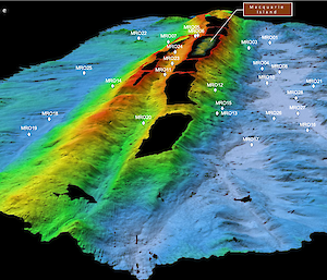 A graphic showing the location of the ocean bottom seismometers deployed at different depths on the Macquarie Ridge Complex, surrounding Macquarie Island.