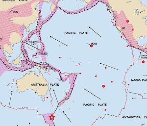 Map showing the boundary between the Australian and Pacific continental plates.