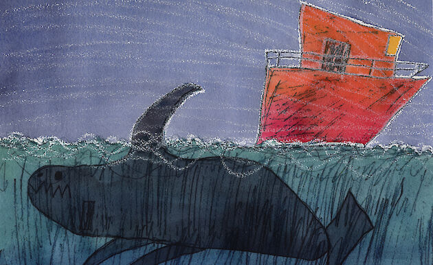 Drawing of a whale under the water with an orange ship above