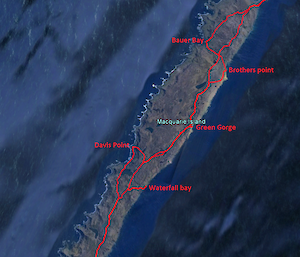 A map of Macquarie Island with a red line showing the route of a trek