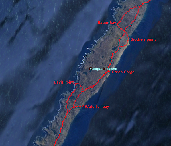 A map of Macquarie Island with a red line showing the route of a trek