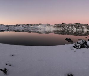 A wide panorama of Deep Lake and its reflections