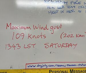 A whiteboard with writing that reads maximum wind gusts 109 knots (202 kmh) at 13:43hrs last Saturday