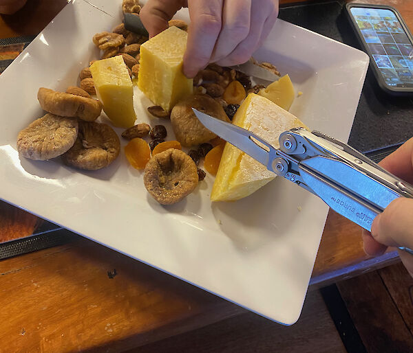A close up of a plate with cheese and dried fruit.  A hand is seen using a multi-tool to cut the cheese.