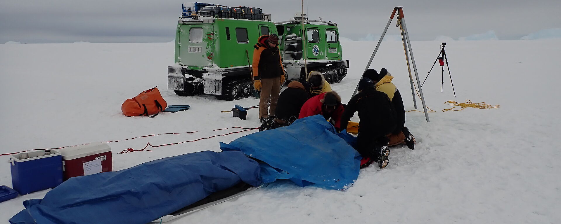 Instruments on the ice, tucked up in their sled beds to stop them from freezing