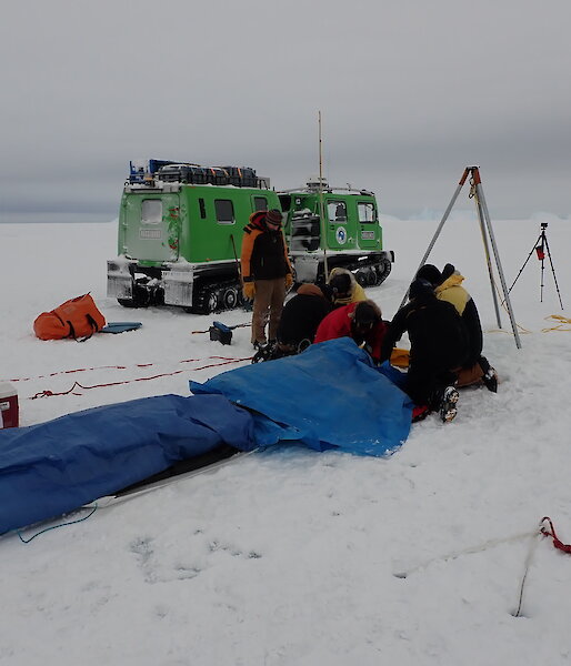 Instruments on the ice, tucked up in their sled beds to stop them from freezing