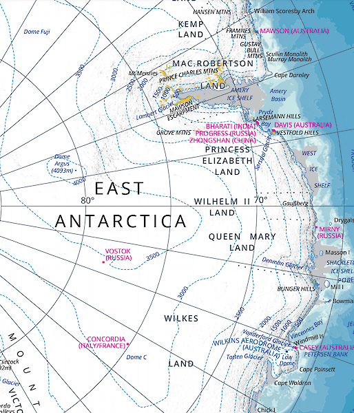 A map showing East Antarctica