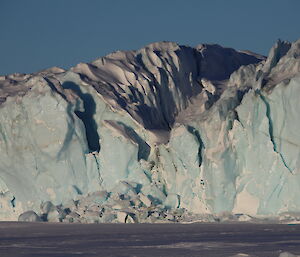 Broken ice lies in front of Sørsdal Glacier in the sunshine