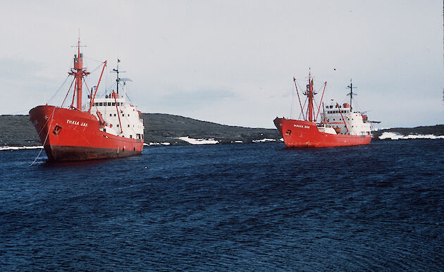 Two red and white icebreaking ships anchored on the Antarctic coast.