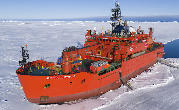 Icebreaking vessel, Aurora Australis, parked in sea ice.