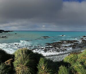 Blue seas fill a bay surrounded by a rugged green foreshore