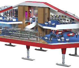 Computer model of the central module of the Halley VI Research Station illustrating its originally proposed trapezoid-shaped hydroponics unit in the main floor space of the atrium (Image credit: Hugh Broughton Architects/7-t Limited).